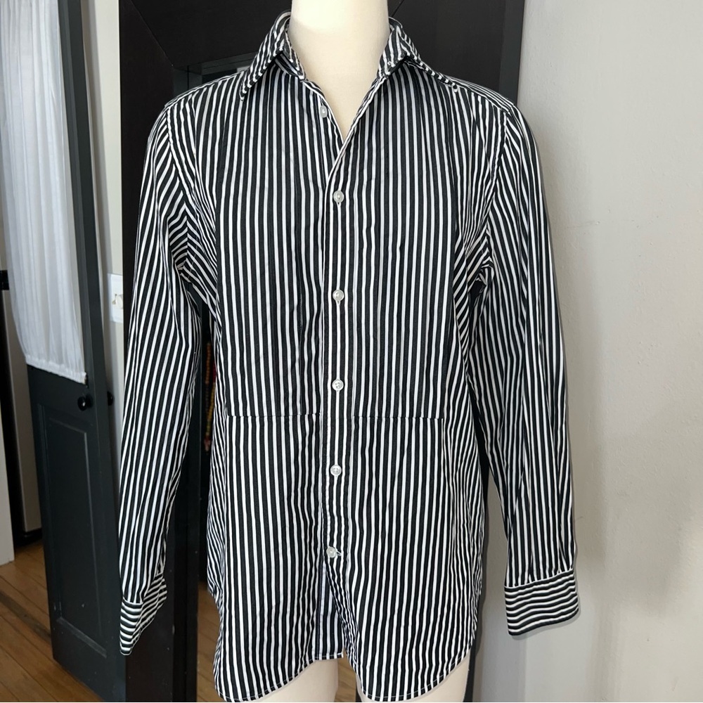 Ralph Lauren Ladies Black and White Stripe Tuxedo Blouse - Pleated Front Size 14